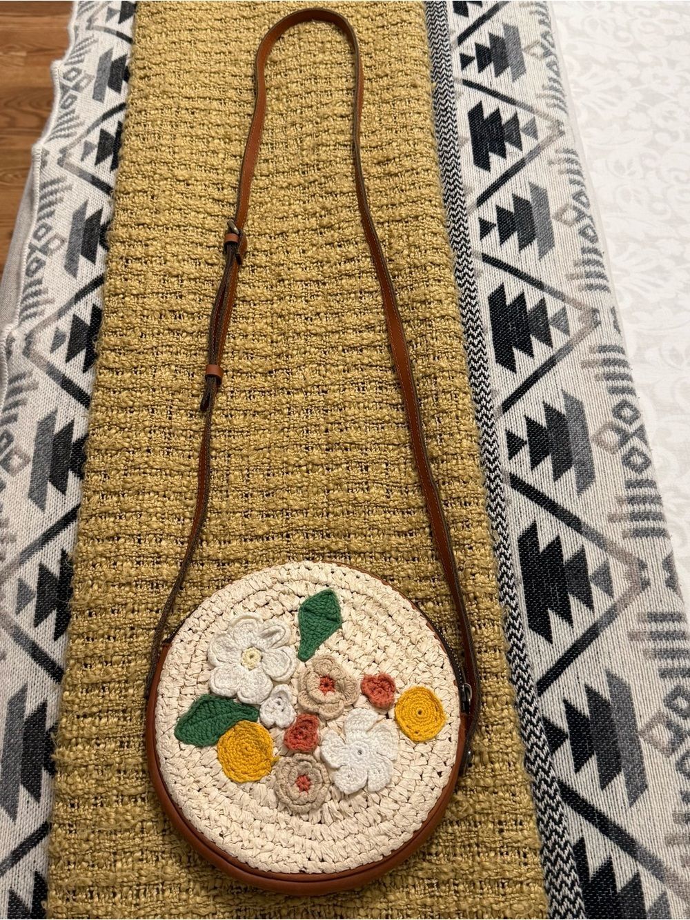 Patricia Nash Cream Round Crochet Crossbody with Floral Embroidery